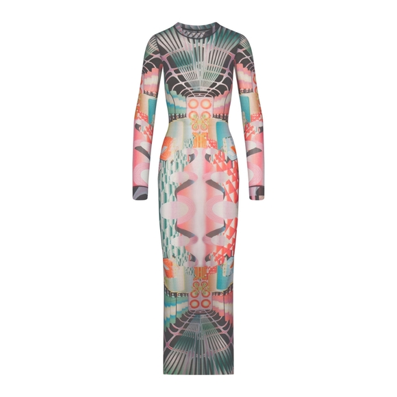 2. NWT SKIMS SUMMER MESH LONG SLEEVE DRESS IN DECO TRAIN - Picture 1 of 7